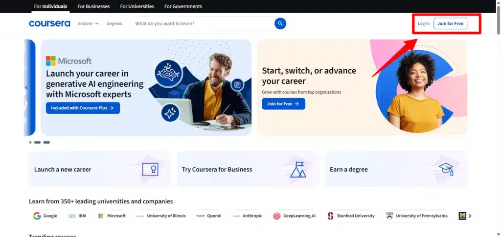 Coursera home page Join button