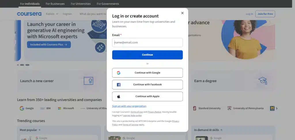Coursera Login account page