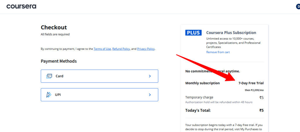 Coursera free trial checkout page