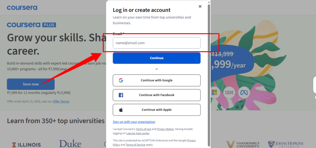 Coursera email account page